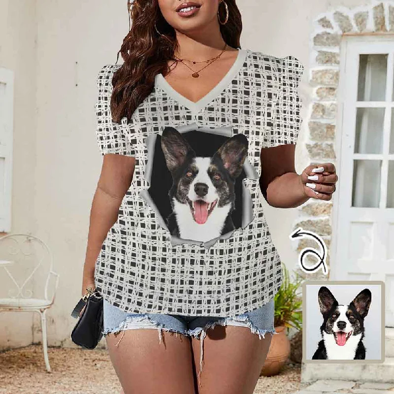 Easygoing Style Custom Pet Face Mesh Women's V-Neck Puff Sleeve T-Shirts Personalized Summer Casual Shirt Tops for Women