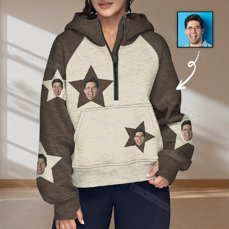 Noble And Elegant Women's Half Zip Cropped Hoodies Custom Face Stars Fleece Athletic Pullover Hoodies with Pockets Thumb Hole