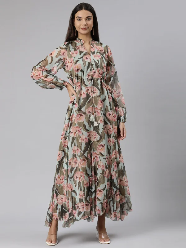 Classic Style Neeru's Sea Green Flared Casual Floral Dresses