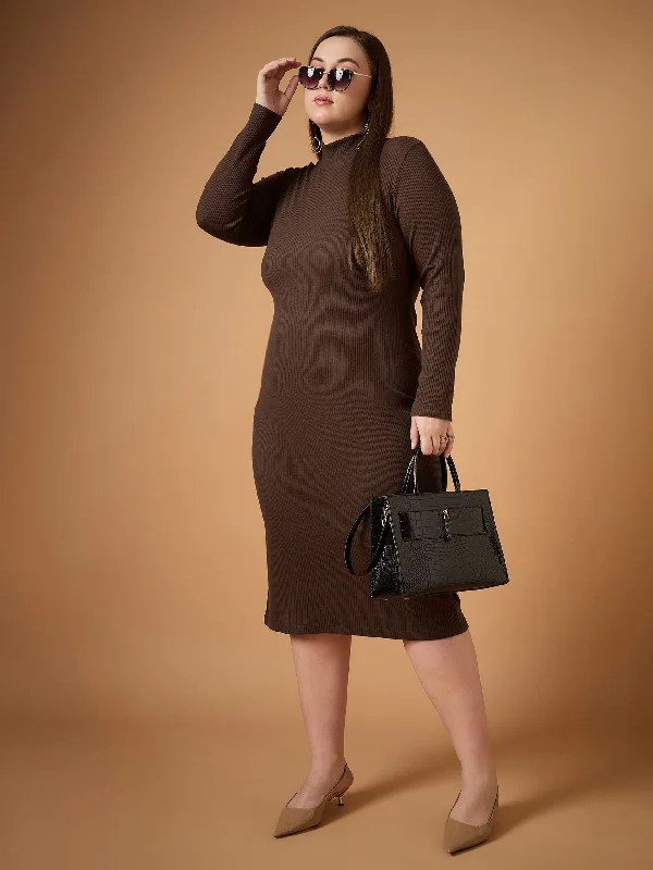 Fashionable And Fashionable Women Brown Rib High Neck Midi Dress