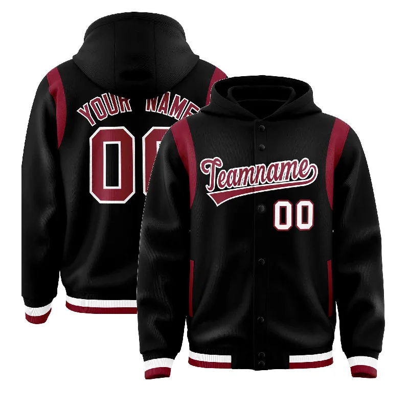 Cute Style Custom Black Crimson Varsity Full-Snap Letterman Shoulder Color Block Jacket Hoodie Cute Style Custom Black Crimson Varsity Full-Snap Letterman Shoulder Color Block Jacket Hoodie