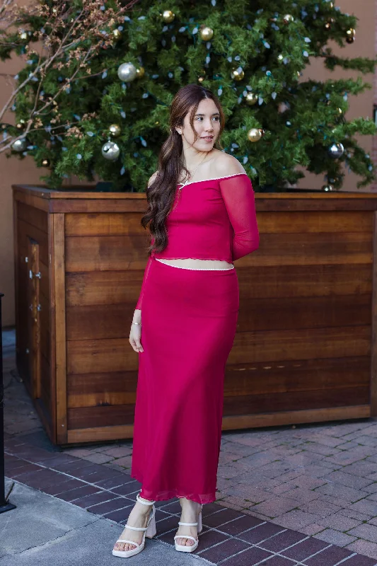 Playful Style The Don't Call Me Baby Red Mesh Longsleeve Top and Maxi Skirt Set