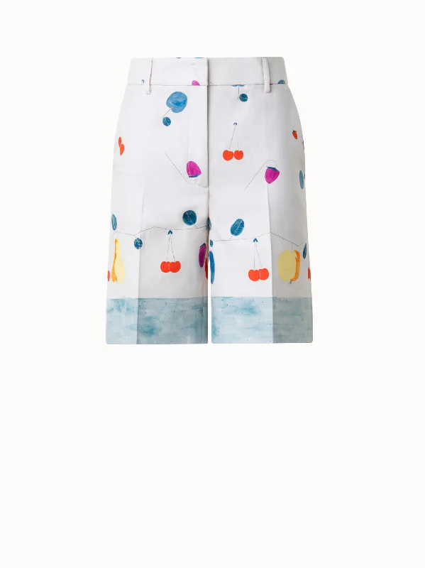 Retro Style Cotton Silk Double-Face Bermuda Shorts with Fruits Print