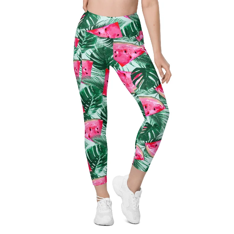 American Style Palm Leaves & Watermelon Leggings With Pockets