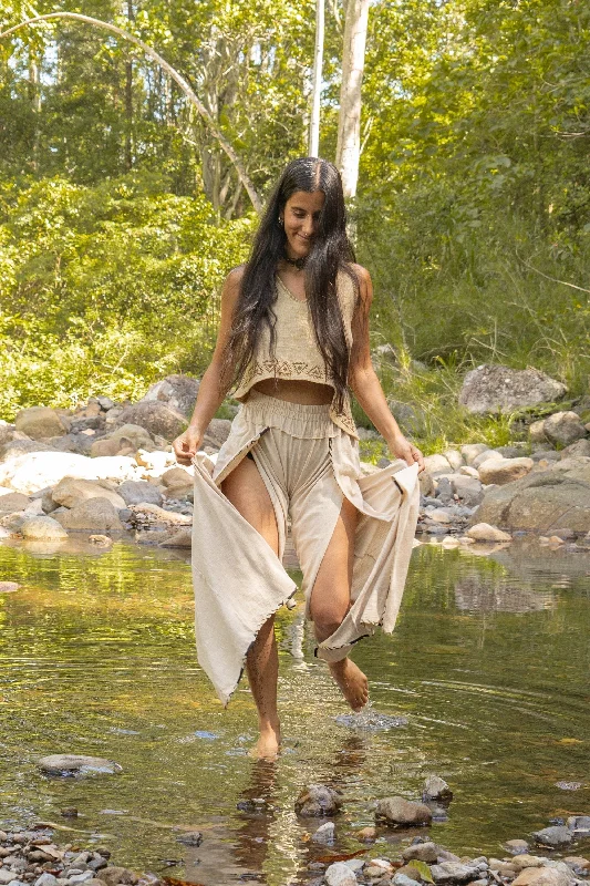 Relaxed Chic YANA Womens Pants Beige Slit Open Side, Goddess Belly Dance Natural Soft Cotton Flow Yoga Festival Boho Ceremony Pixie Fairy Tribal AJJAYA