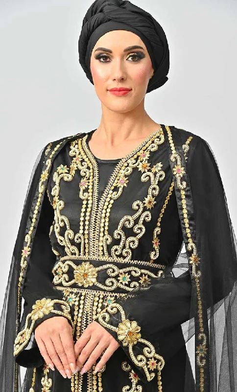 Noble And Elegant Qatar Moroccan Golden Detailed Embroidery On Net And Included Satin Inner