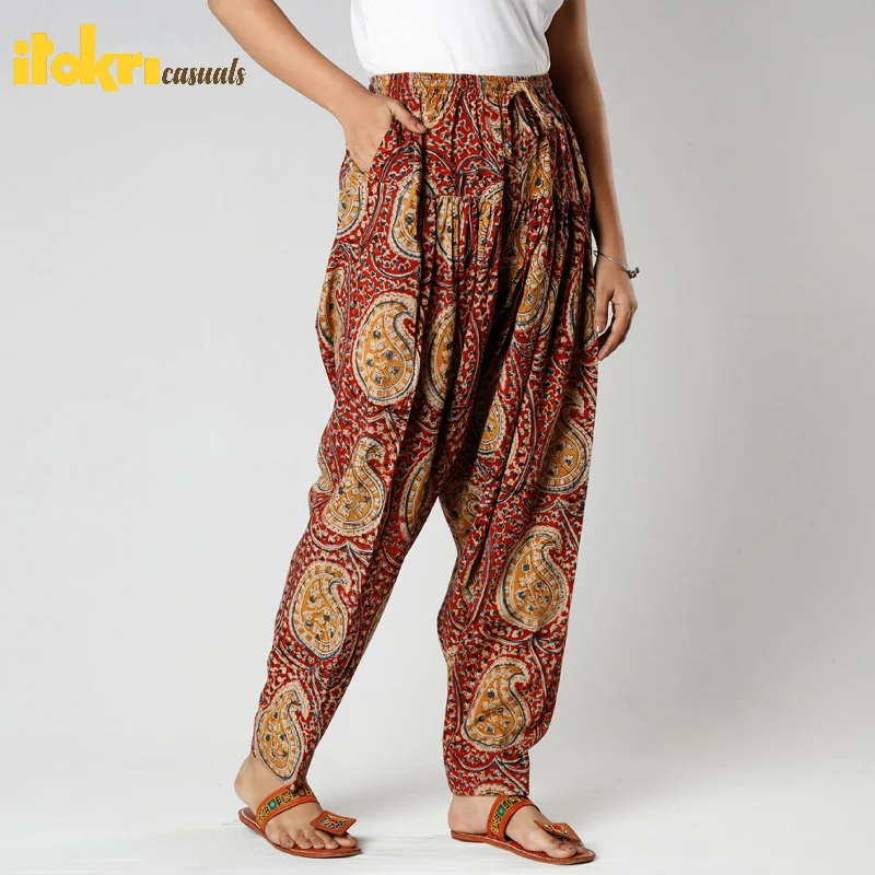 Free and comfortable Red - Kalamkari Block Printing Cotton Elasticated Salwar