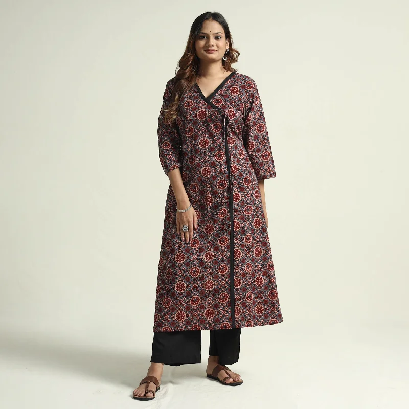 Casual Style Red - Block Print Cotton Flared Ajrakh Kurta with Palazzo Set