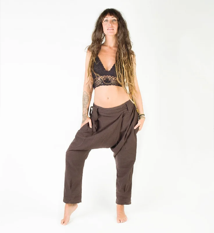 Retro Dress Afghani Harem Drop Crotch Pants Full Length, Brown Handmade Comfortable Yoga Gypsy Boho Alibaba Aladdin Festival with two Pockets AJJAYA