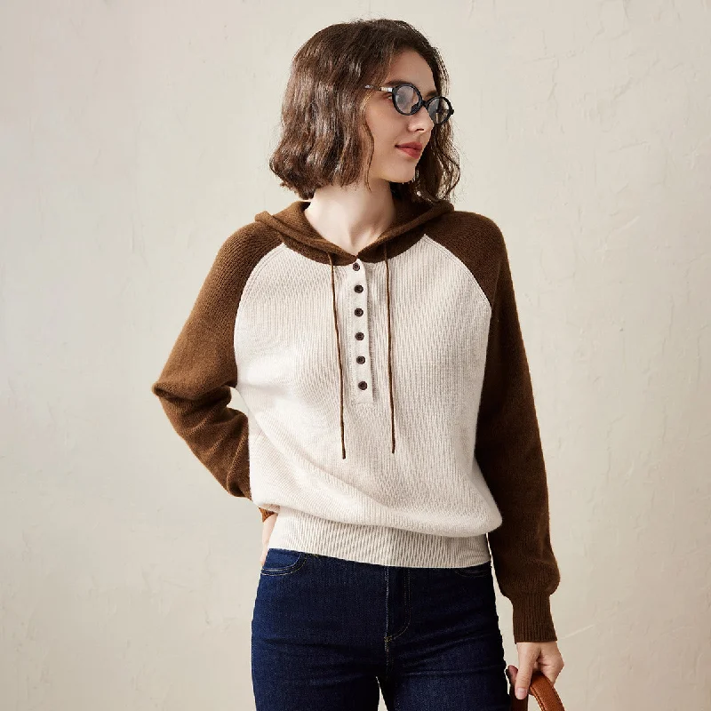 Classic Items 100% Cashmere Sweater Color Block Button-Up Hoodie