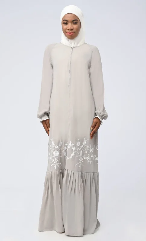 Comfortable And Versatile Maira Modest nida White Embroidered Abaya With Pockets
