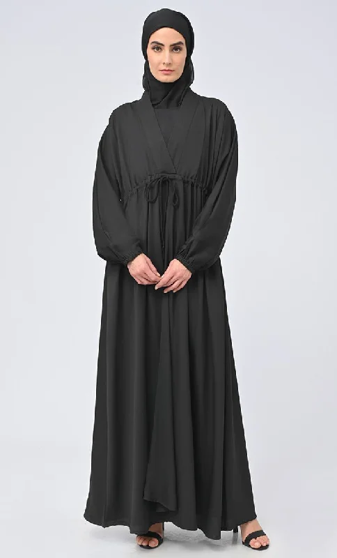 Elegant Wear Maghrib Modest Waist Dori Detailing Modest Abaya With Black Inner And Black Hijab Elegant Wear Maghrib Modest Waist Dori Detailing Modest Abaya With Black Inner And Black Hijab