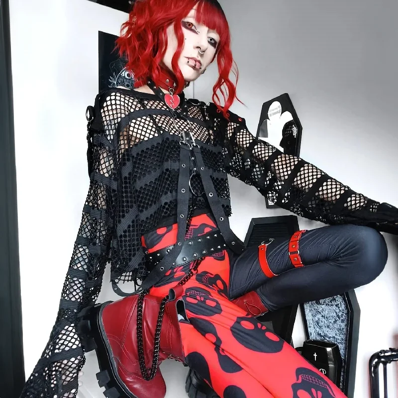 Denim Design Two Tones Red Skulls High Waist Leggings