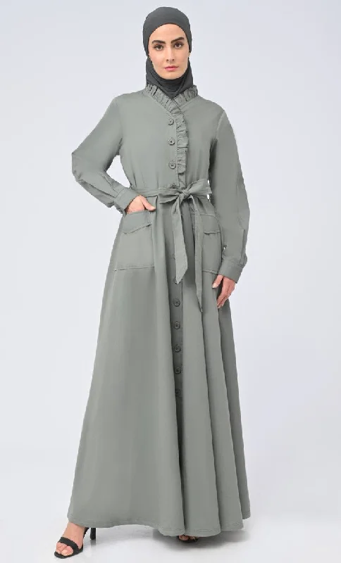 Autumn Selection Modest Islamic Twill Frill Detailing Button Down Abaya