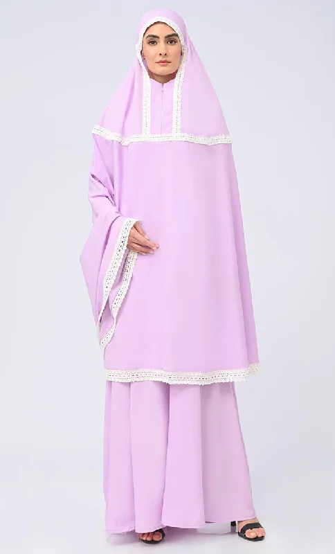 Exclusive Customization Maghrib Modest Lavender Lace Detailing Khimar Prayer Dress For Women