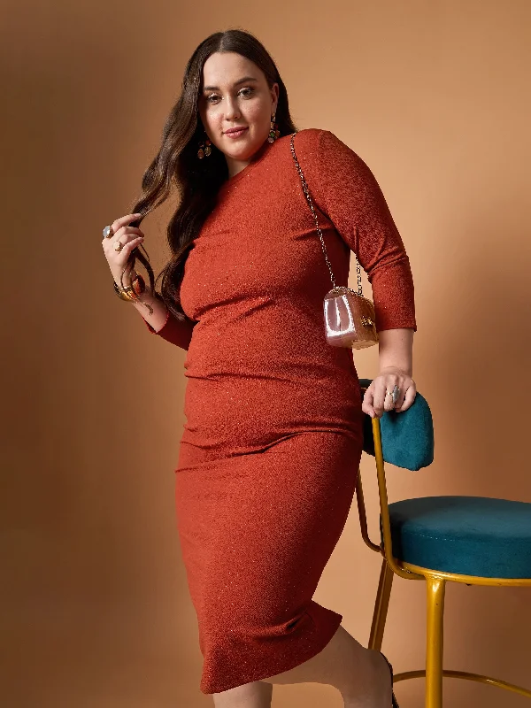 Leisure And Entertainment Women Rust Glitter Bodycon High Neck Dress