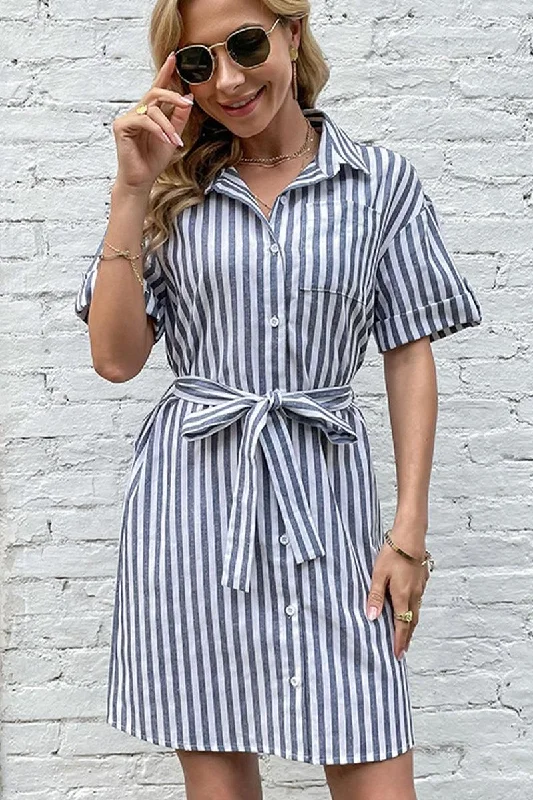 All-Day Comfort WOMEN BUTTON UP STRIPE SLIT DRESS