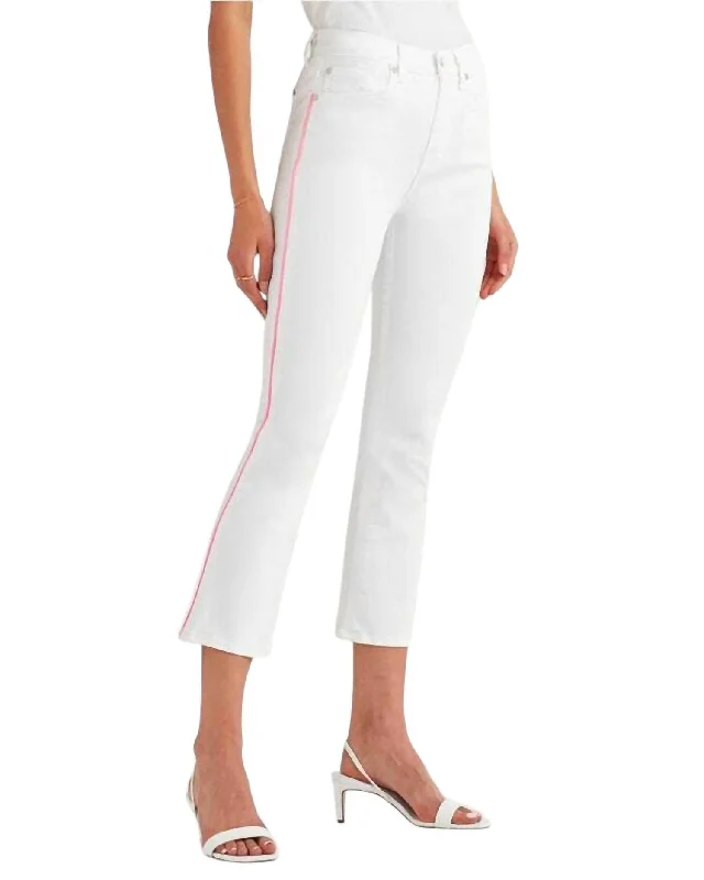 Fashion Classic High Rise Flare Crop Pink Piping Jeans In White