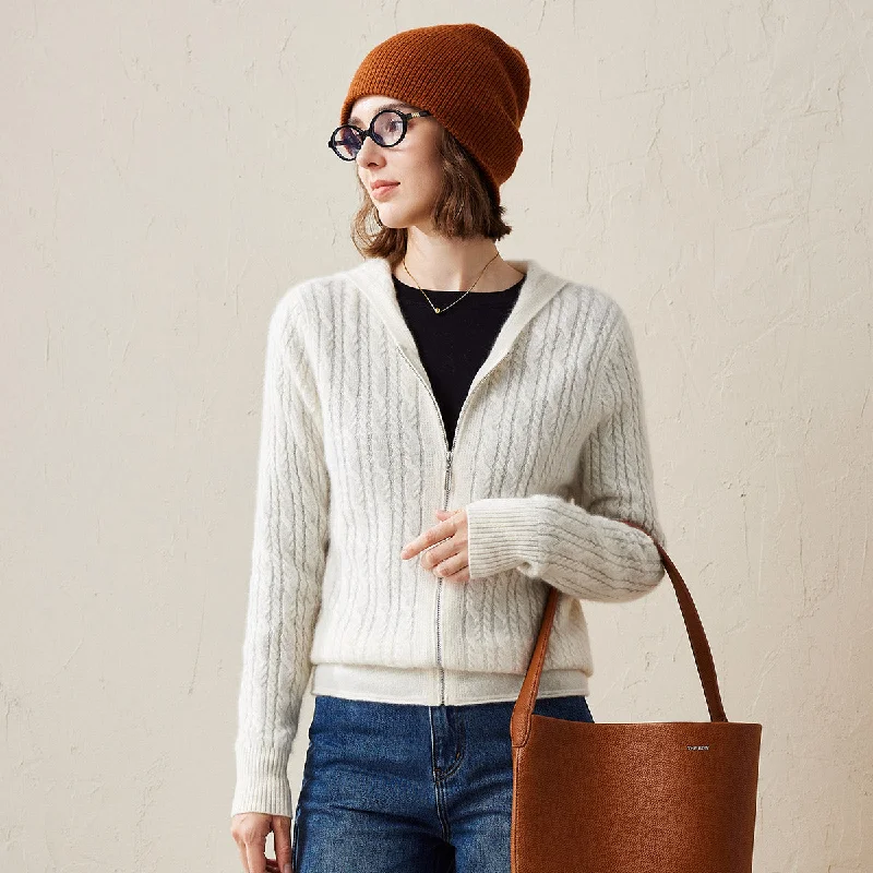 Warm And Comfortable 100% Cashmere Cardigan Luxurious Cable Knit Hoodies