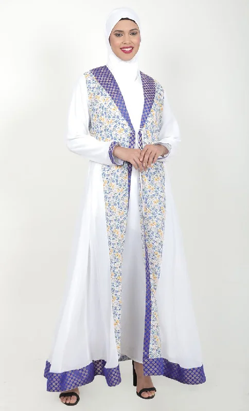 Comfortable Sweaters Women's White 2Pc Abaya With Brocade Shawl Collar And Front Tie