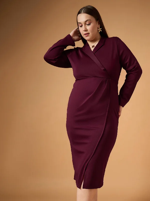 Elegant Outline Women Burgundy Full Sleeves Midi Dress