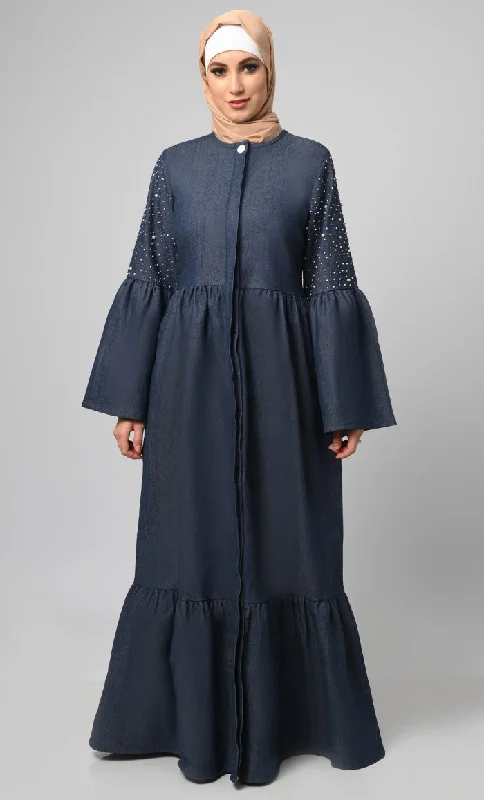 Energy Wear Women's Pearl Work Detailing Tiered Button Down Denim Abaya