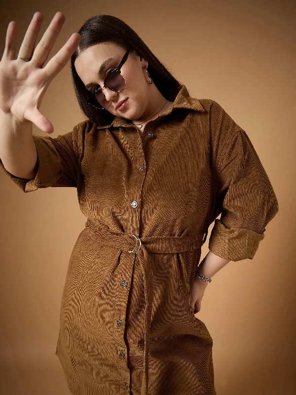 Sports And Leisure Women Brown Corduroy Front Button Dress