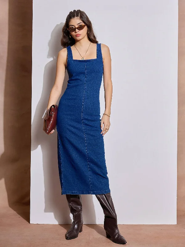 Age-reducing Style Women Navy Blue Denim Strappy Midi Dress