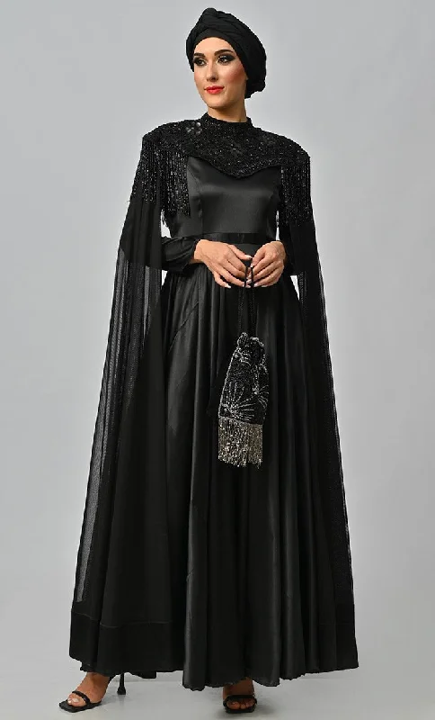 Simple Style Arabian Queen Hand Embroidered Collar Satin Abaya With Intricate Tassel Details Simple Style Arabian Queen Hand Embroidered Collar Satin Abaya With Intricate Tassel Details