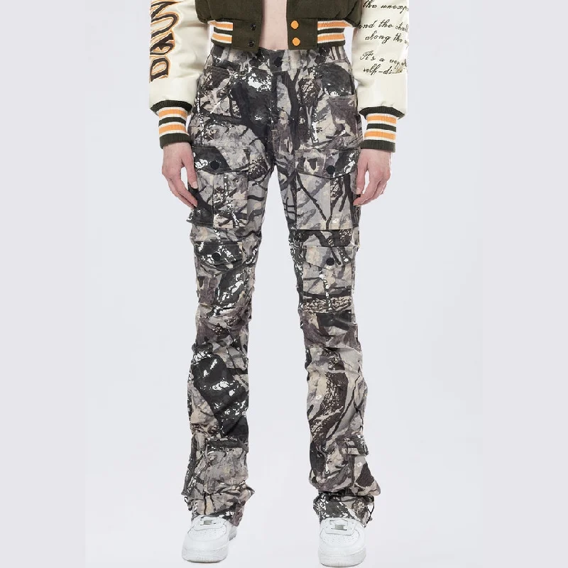 Street Casual Style High Rise Stacked Utility Pants - Olive Hunting Camo