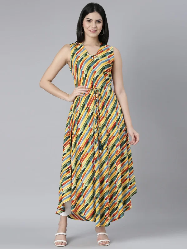 Cozy Chic Neerus Yellow High-Low Casual Striped Fit and Flare Dresses