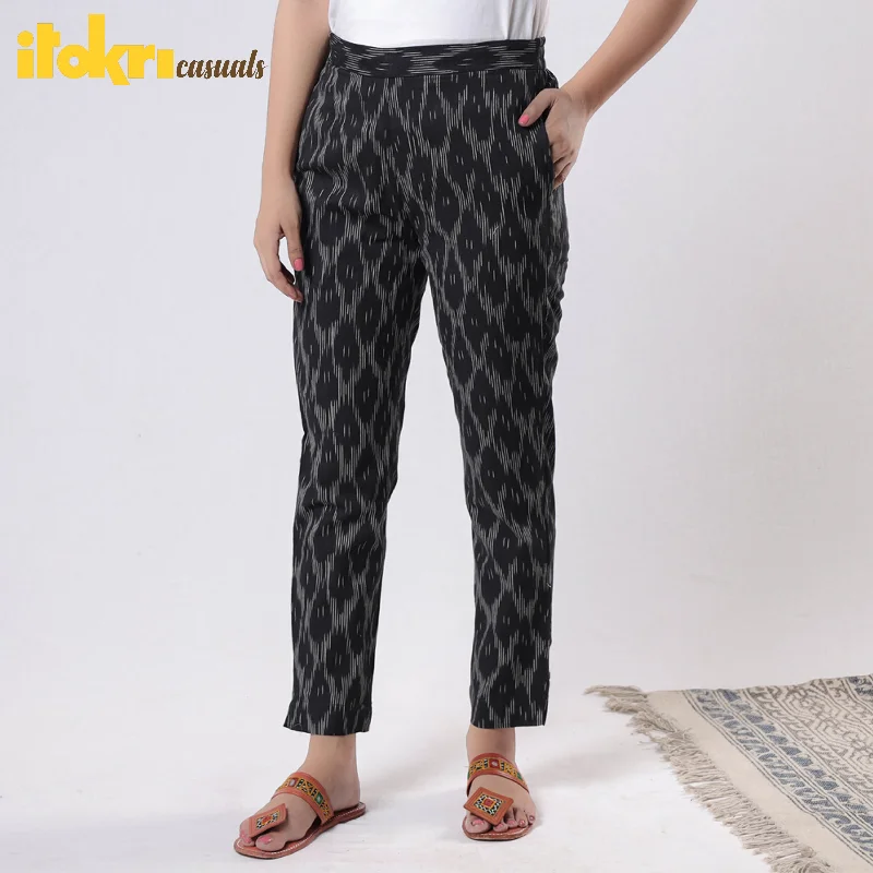 Cozy Outerwear Black - iTokri Casuals - Pochampally Ikat Cotton Tapered Casual Pant for Women