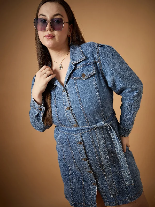 Relaxed Dresses Women Blue Blast Denim Front Button Shirt Dress