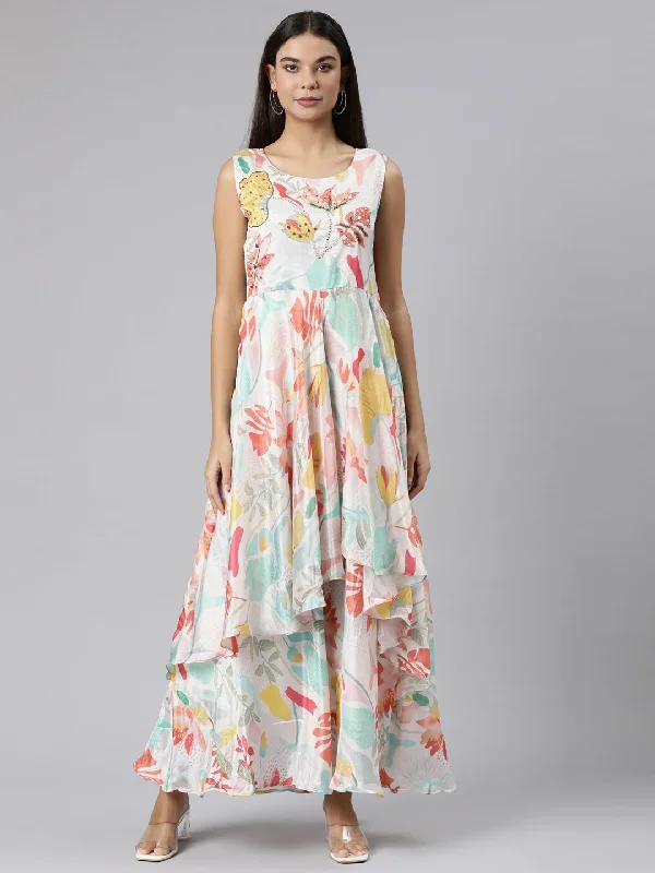 Relaxed Fit Neeru's Cream Asymmetric Casual Floral Dresses