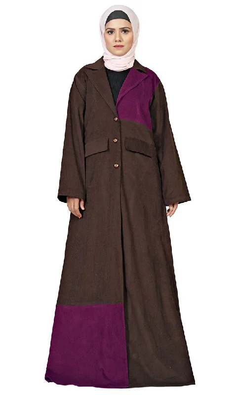 Street Fashion Style Women's Islamic Wine Contrasted Corduroy Panel Detailing Jilbab With Lose Belt And Pockets