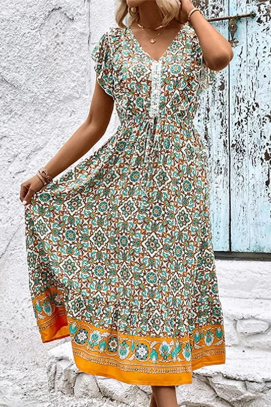 Classic Series WOMEN LACE TRIM RUFFLE SLEEVE BOHO DRESS