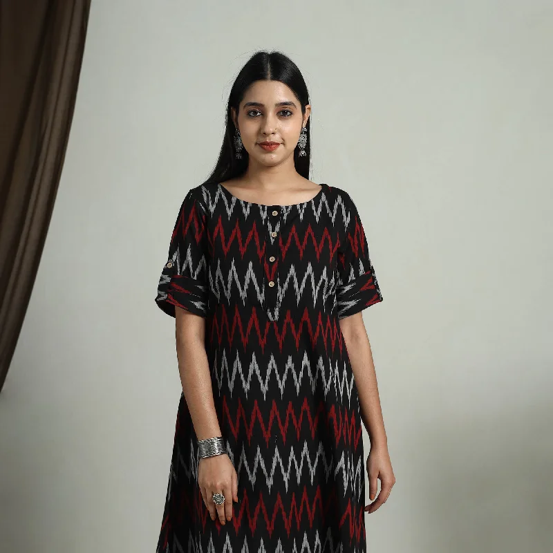 Easygoing Style Black - Flared Cotton Short Pochampally Ikat Dress 06