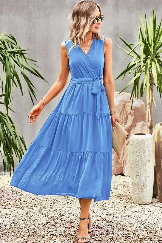 Comfortable And Casual V NECK SLEEVELESS WAIST TIED CASUAL DRESS