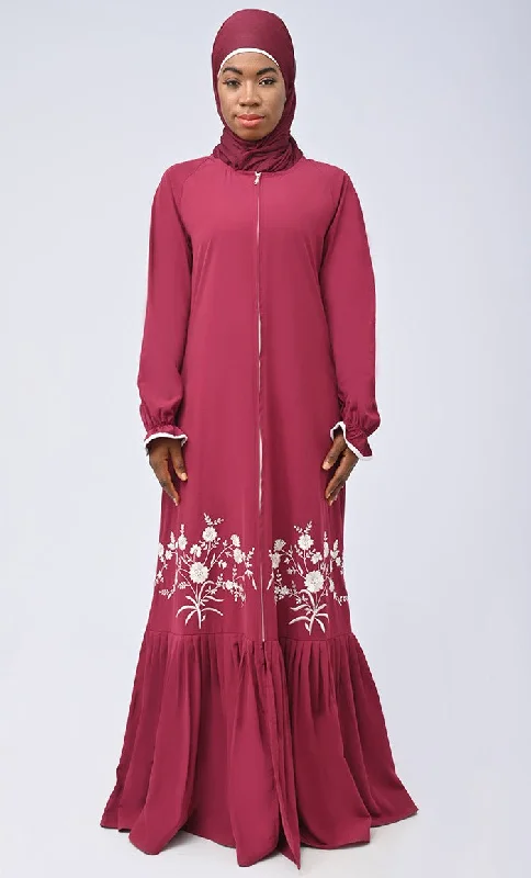 Short Design Modest Islamic Nida White Embroidered Abaya With Pockets