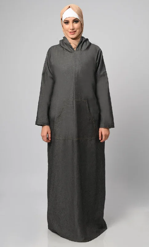 Fashion Must-have Women's Hooded Denim Abaya With Front Pockets Included