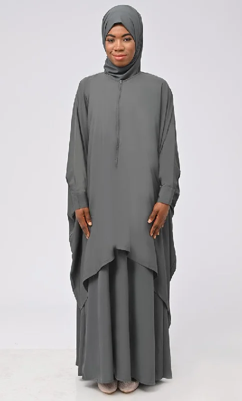 Chic Relaxation Asr Modest Grey Double Layer Prayer Dress For Women (2Pcset +Hijab )