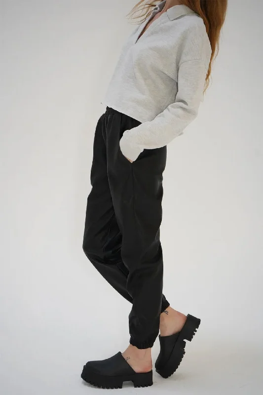 Slightly Flared Design LNA Utility Faux Leather Jogger / Black