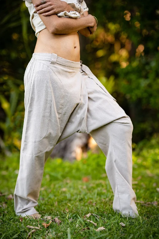 Effortless Elegance Beige Womens Drop Crotch Pants Afghani Harem, Primitive Handmade Comfortable Yoga Gypsy Boho Alibaba Aladdin Festival Goa two Pockets AJJAYA