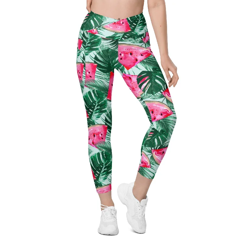 Classic Series Palm Leaves & Watermelon Crossover Leggings With Pockets