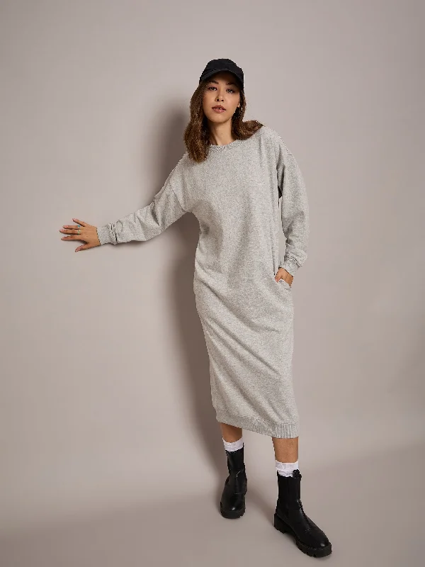 Fresh And Natural Women Grey Melange Terry Oversized Midi Sweat Dress