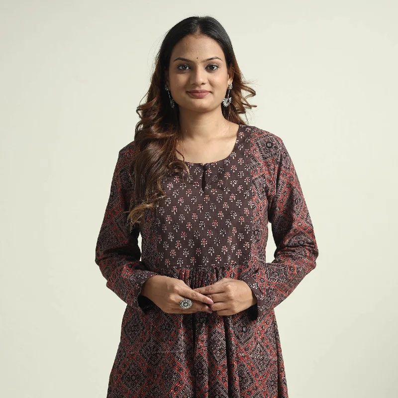 Loose Fit Brown - Block Print Cotton Flared Ajrakh Kurta with Palazzo Set