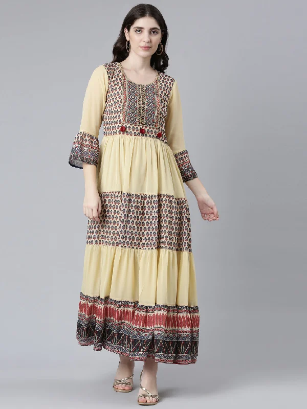 Fashion Elements Neeru's Cream Straight Casual Printed Dress