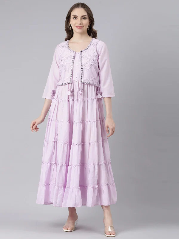 Bright Colors Neerus Purple Cotton Curved Casual  Maxi Dresses