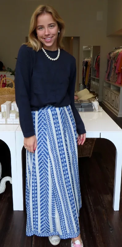 Sweet Girl Hanley Midi Skirt Blue and White Woven