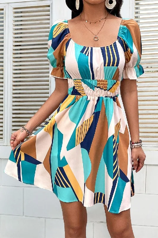 Retro Style ROUND NECK PATTERNED BANDING WAIST DRESS